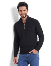 Black Textured Half-Zip Mock Neck Sweater