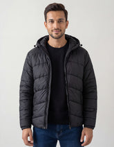 Black Plain Hooded Puffer Jacket