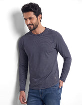 Navy Textured Striped Long Sleeve Crew Neck T-Shirt