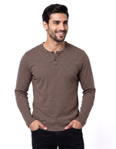 Brown Textured Jacquard Long Sleeve Henley T-Shirt