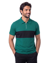 Teal Textured Color Block Zipper Polo Shirt