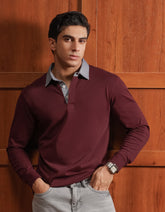 Maroon Plain Contrast Collar Rugby Polo