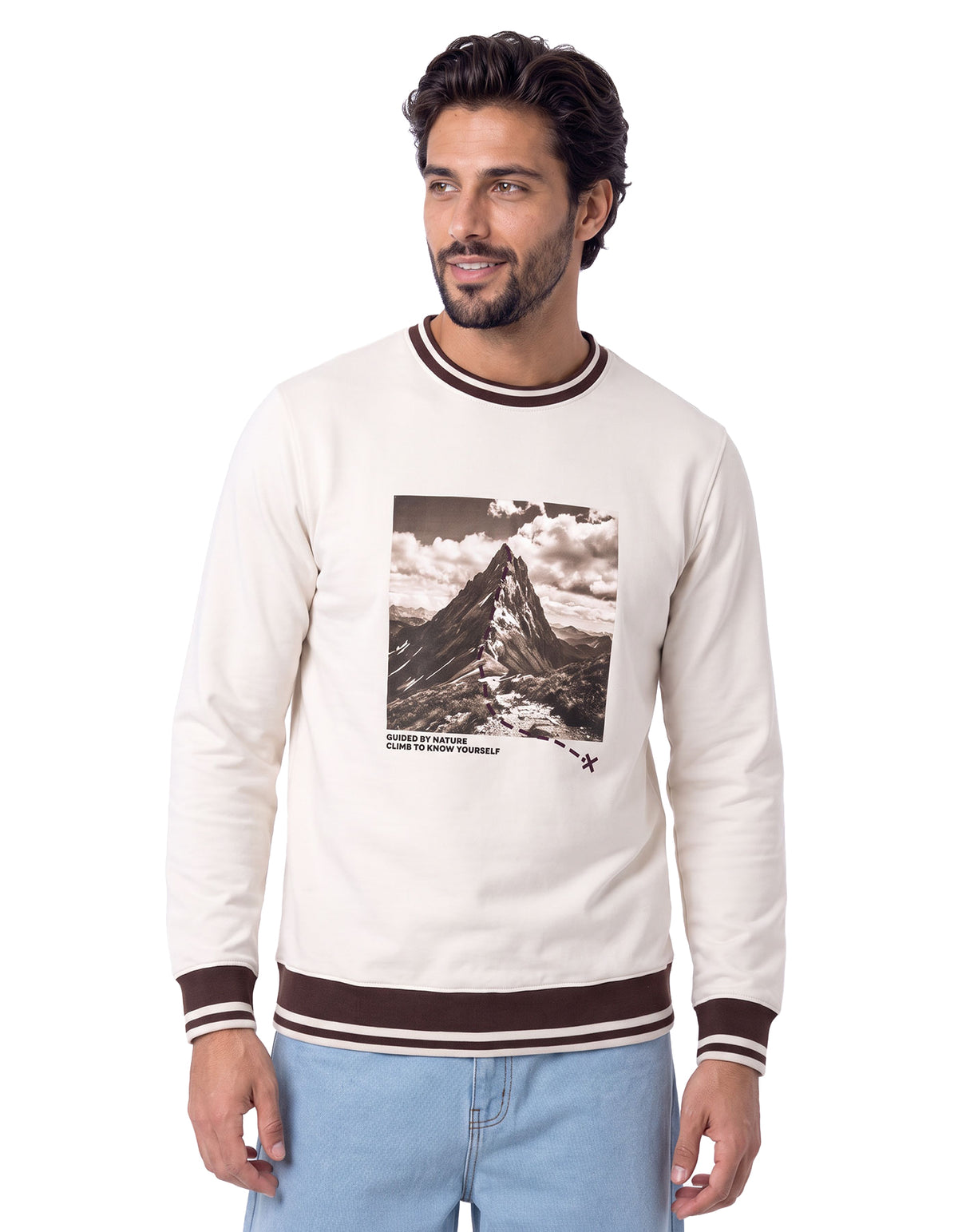 Off White Textured Mountain Graphic Sweatshirt