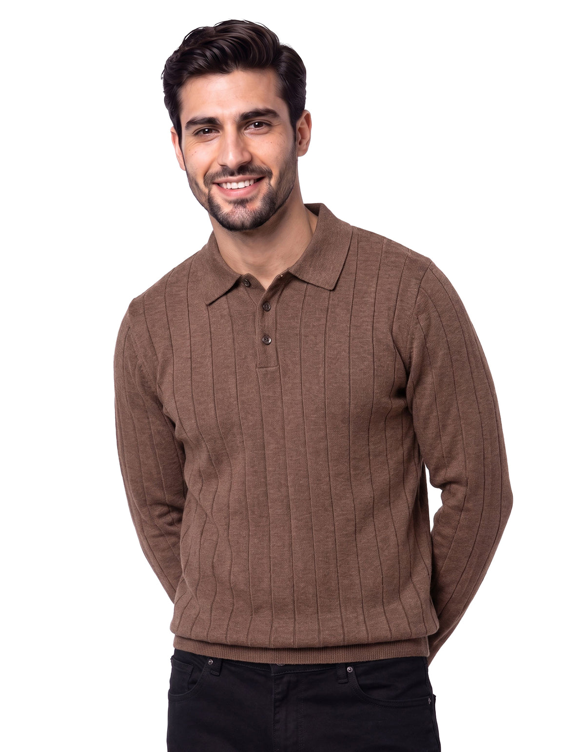 Brown Needle Drop Polo Sweater