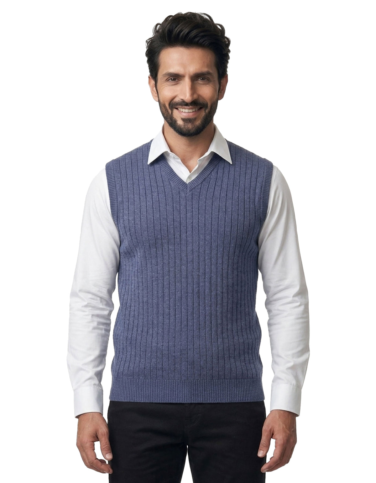Slate Blue Ribbed V-Neck Sleeveless Sweater