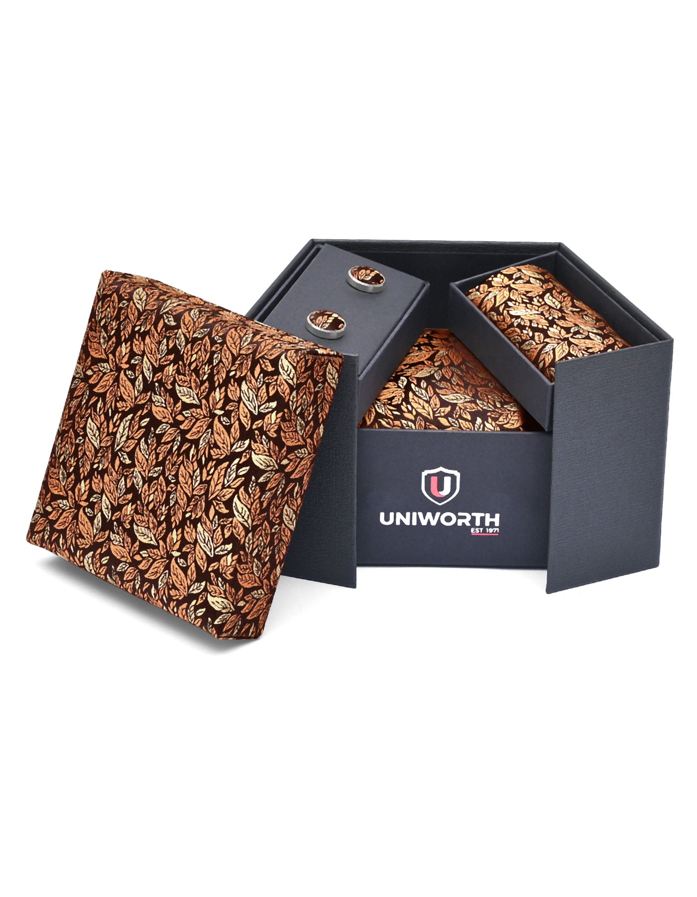 Copper Floral Cufflink Tie Set