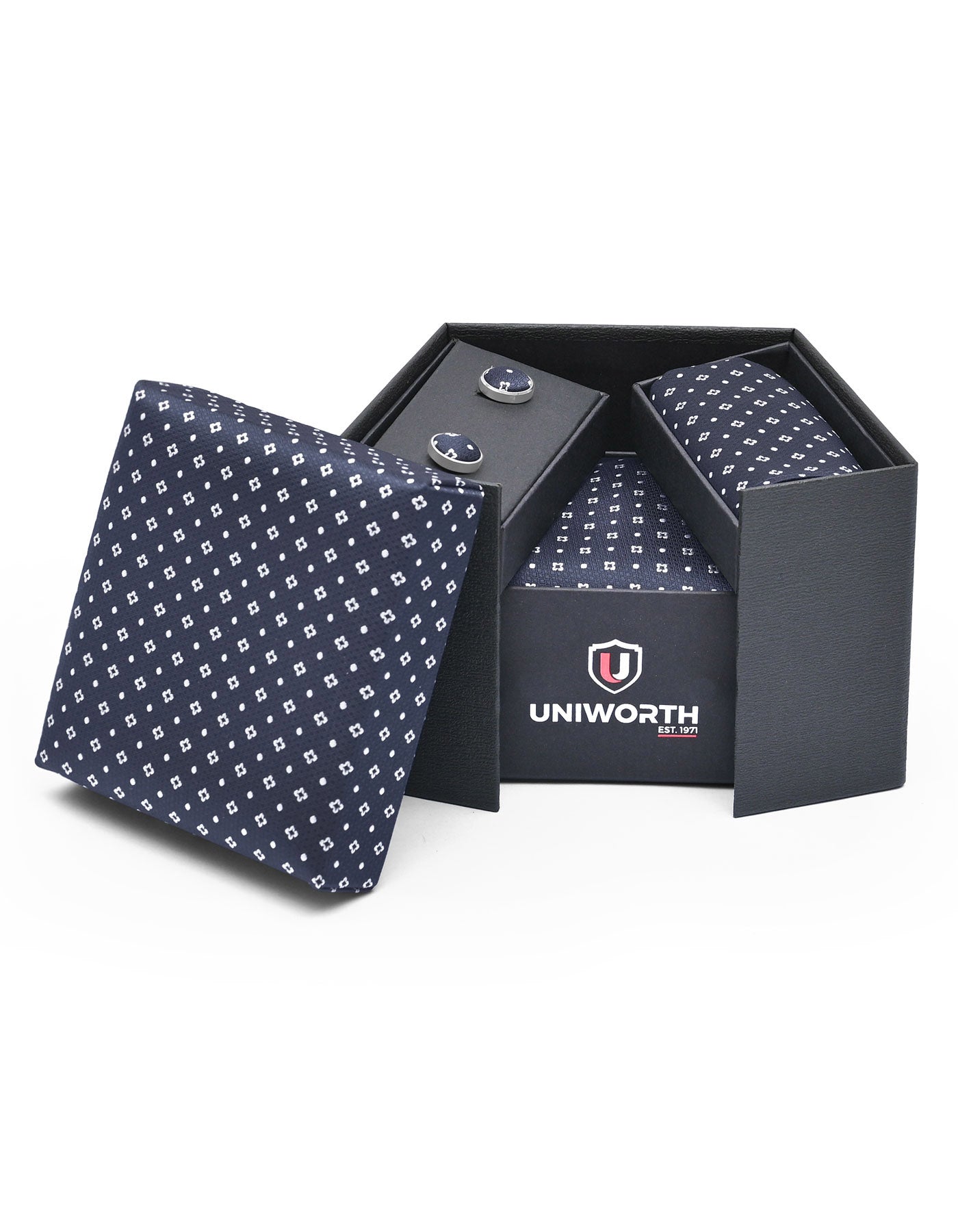 D Navy Geometric Cufflink Tie Set