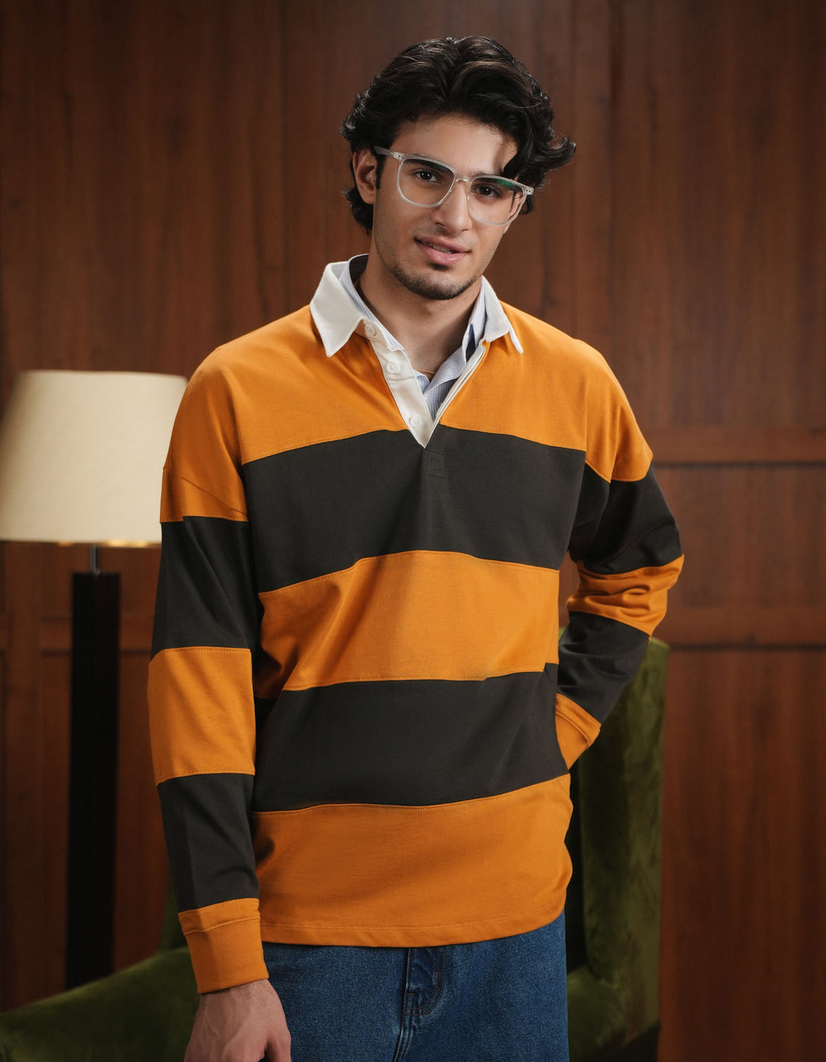 Mustard Color Block Relaxed Rugby Polo