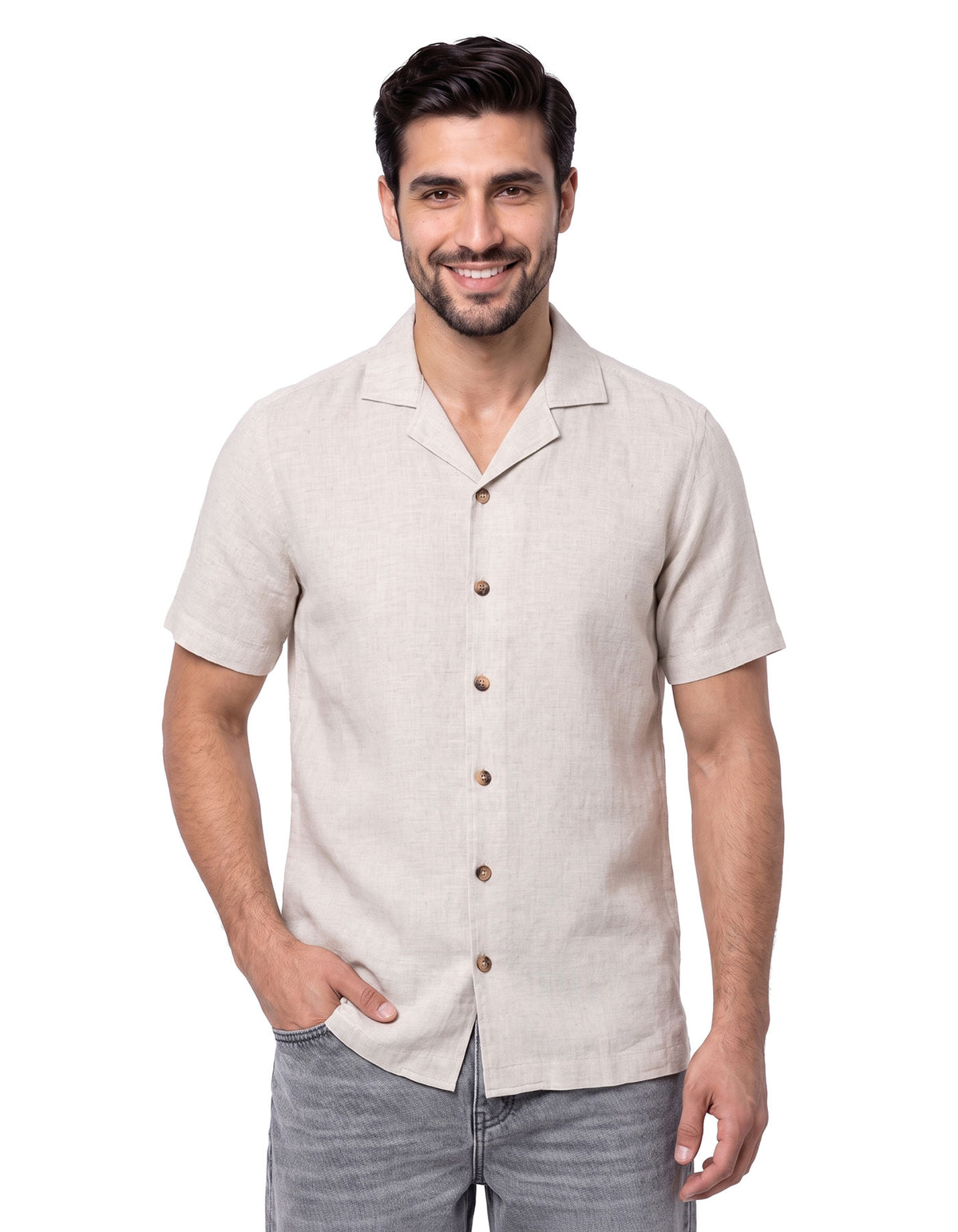 Fawn Plain Tailored Smart Fit Cuban Collar Linen Shirt