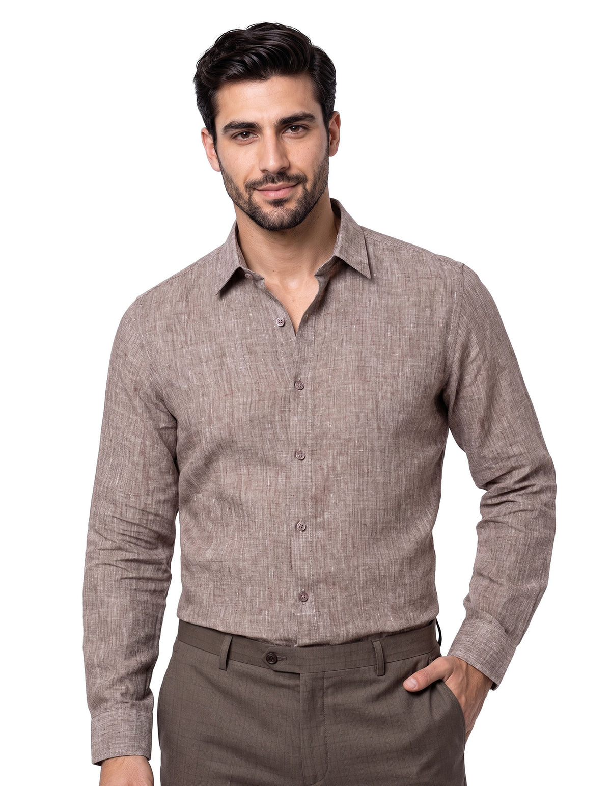 L Brown Plain Classic Fit Linen Shirt