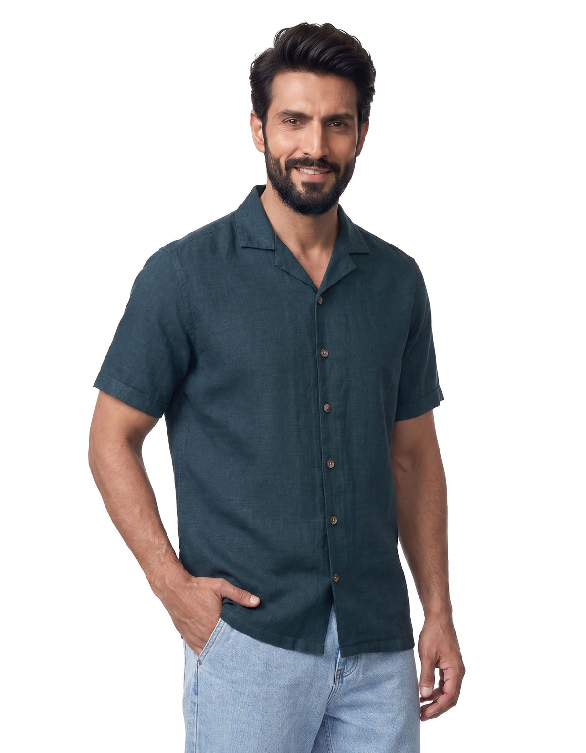 Green Plain Tailored Smart Fit Cuban Collar Linen Shirt