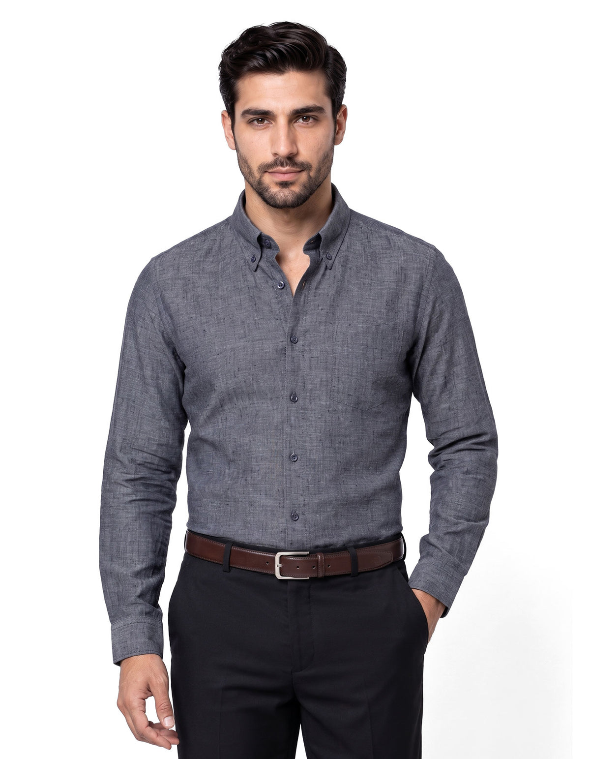 D Grey Plain Tailored Smart Fit Linen Shirt