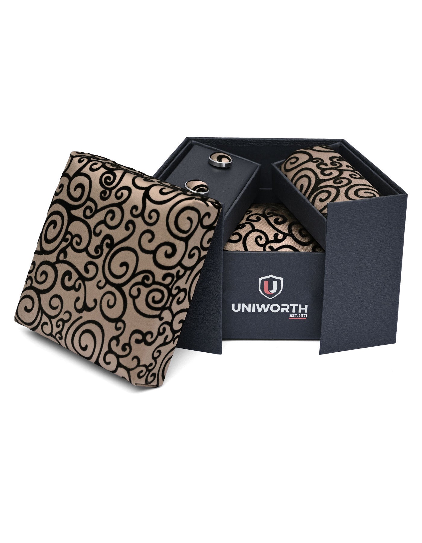 Brown Geometric Cufflink Tie Set