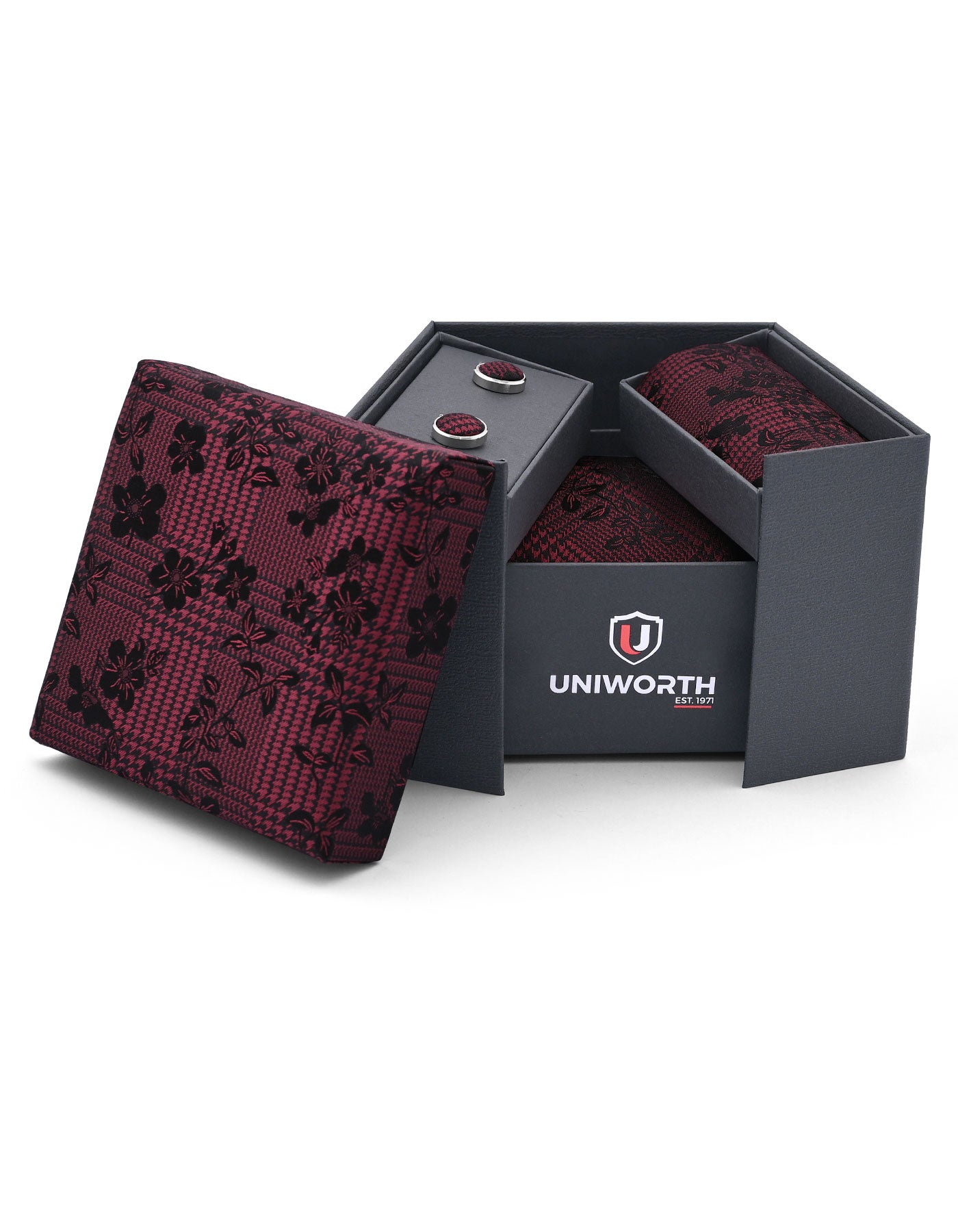 Maroon Geometric Cufflink Tie Set