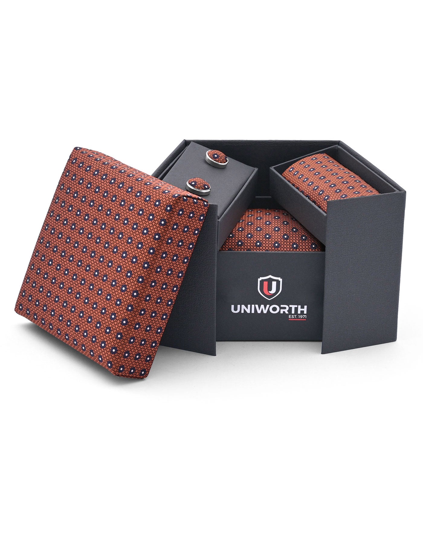 Brown Geometric Cufflink Tie Set