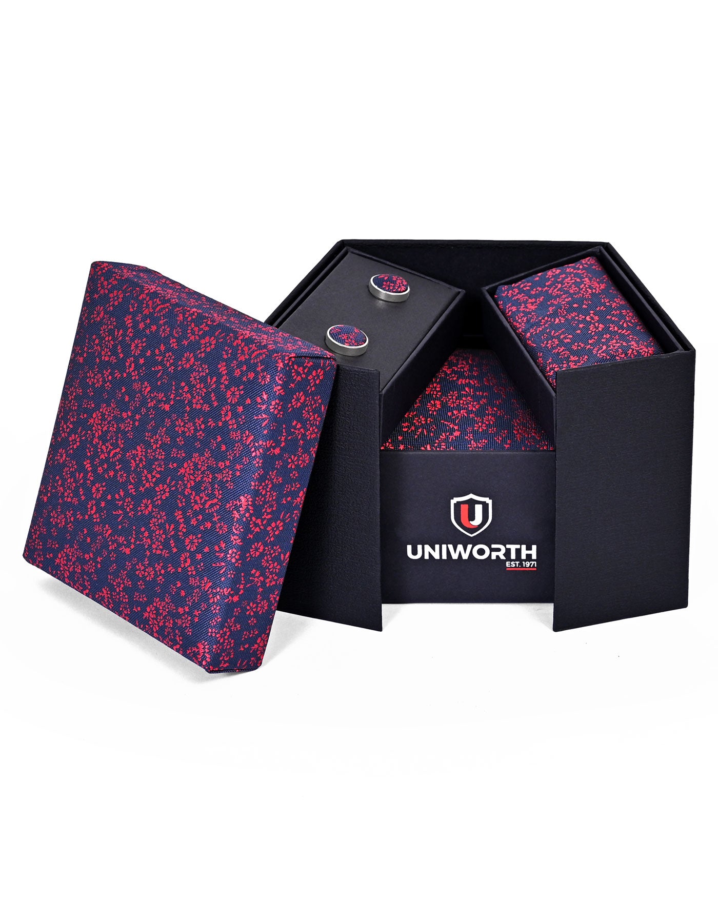 D Navy Floral Cufflink Tie Set