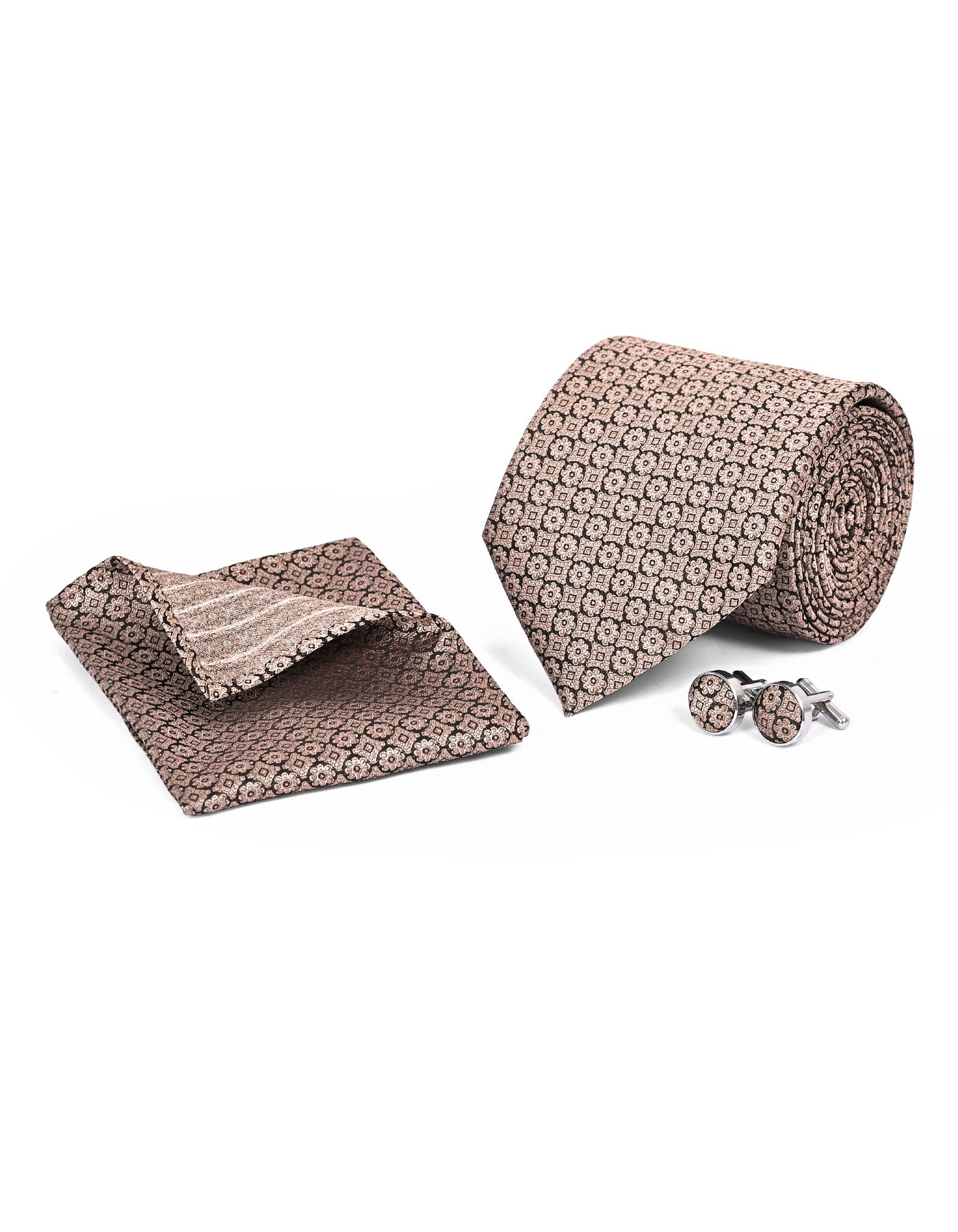 Beige Floral Cufflink Tie Set