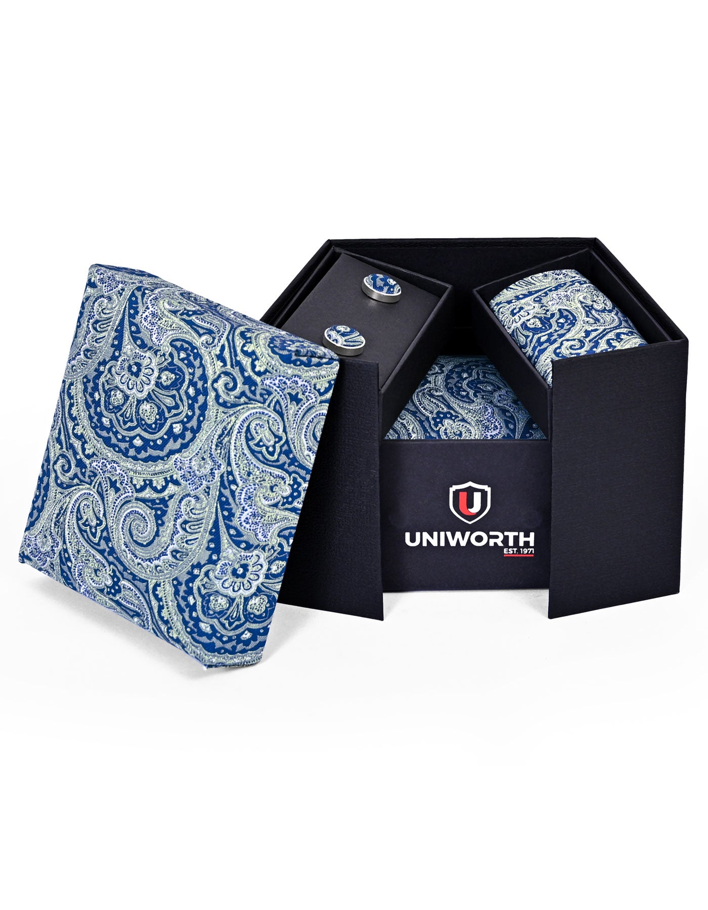 Navy Paisley Cufflink Tie Set