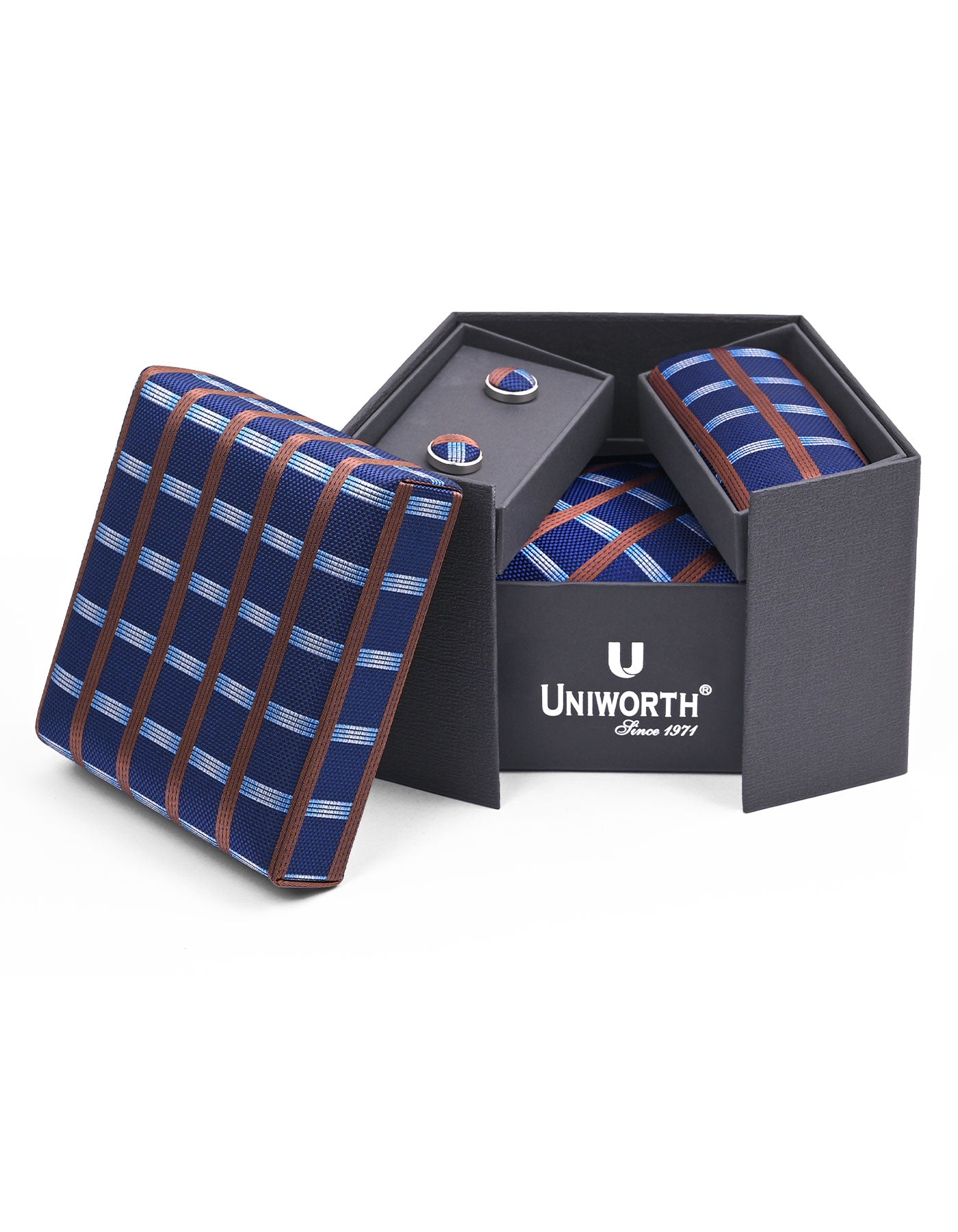 Navy Check Cufflink Tie Set