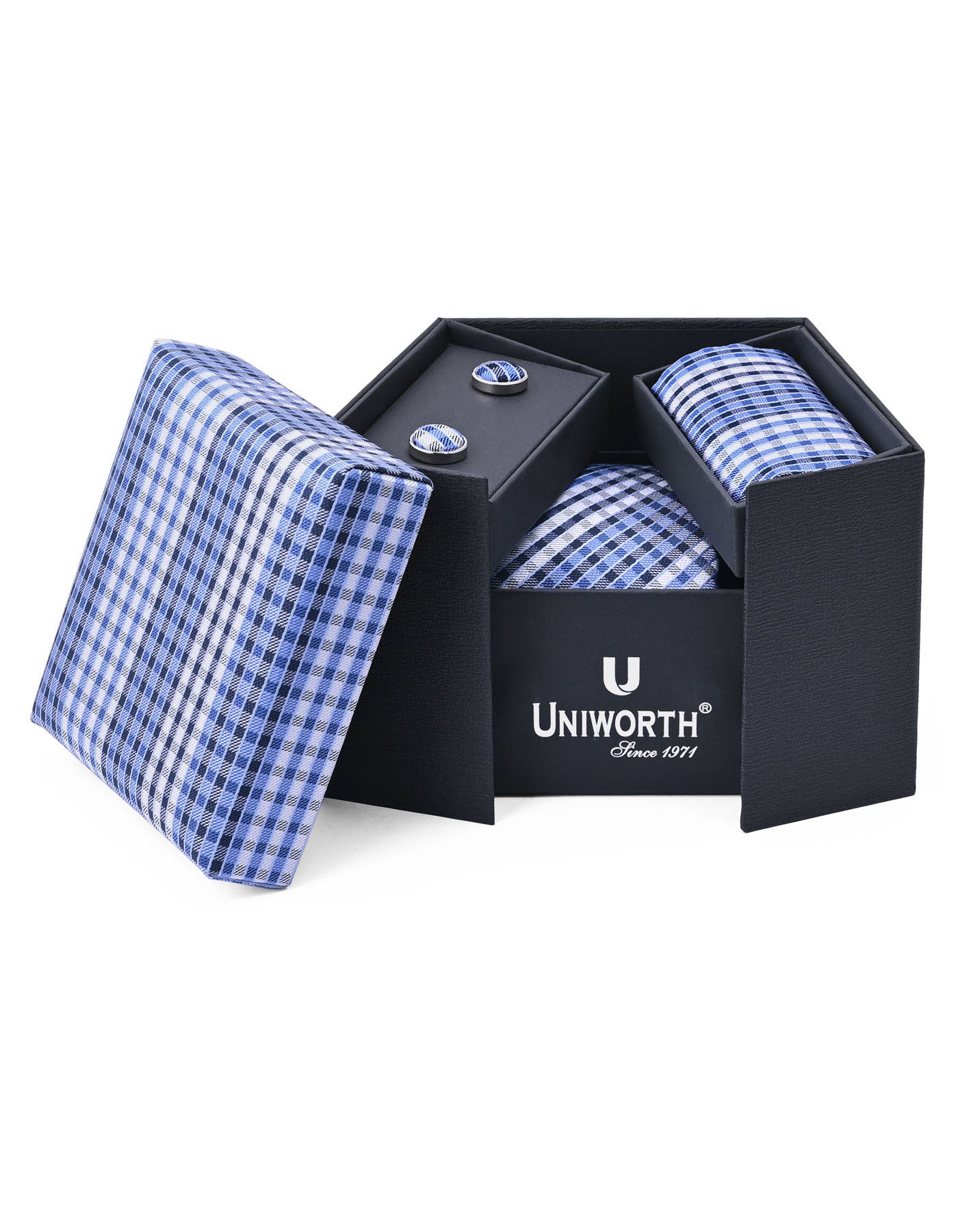 Blue Check Cufflink Tie Set