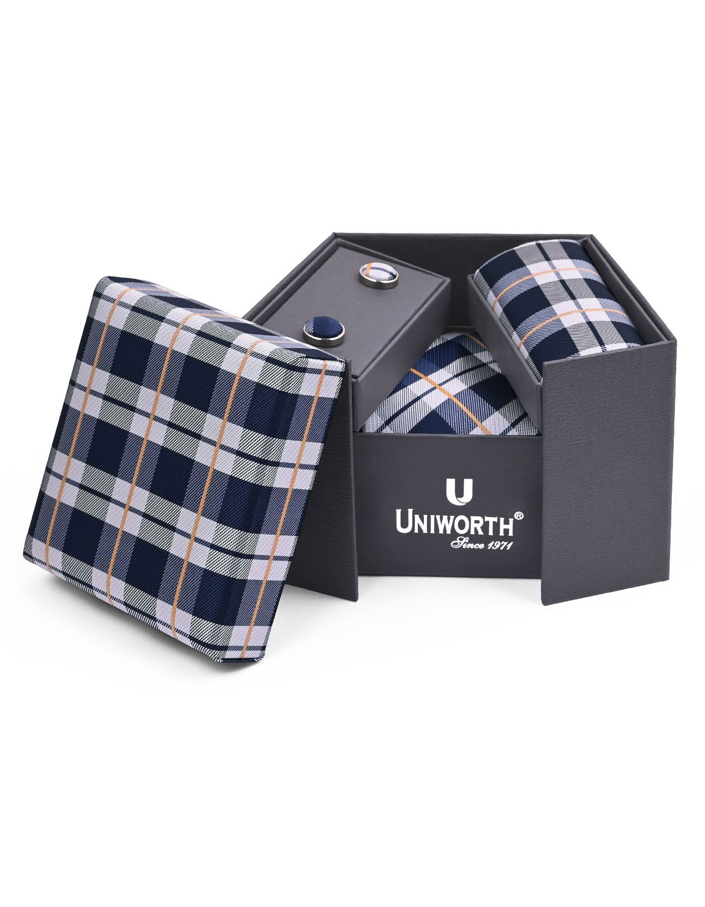 Navy Check Cufflink Tie Set