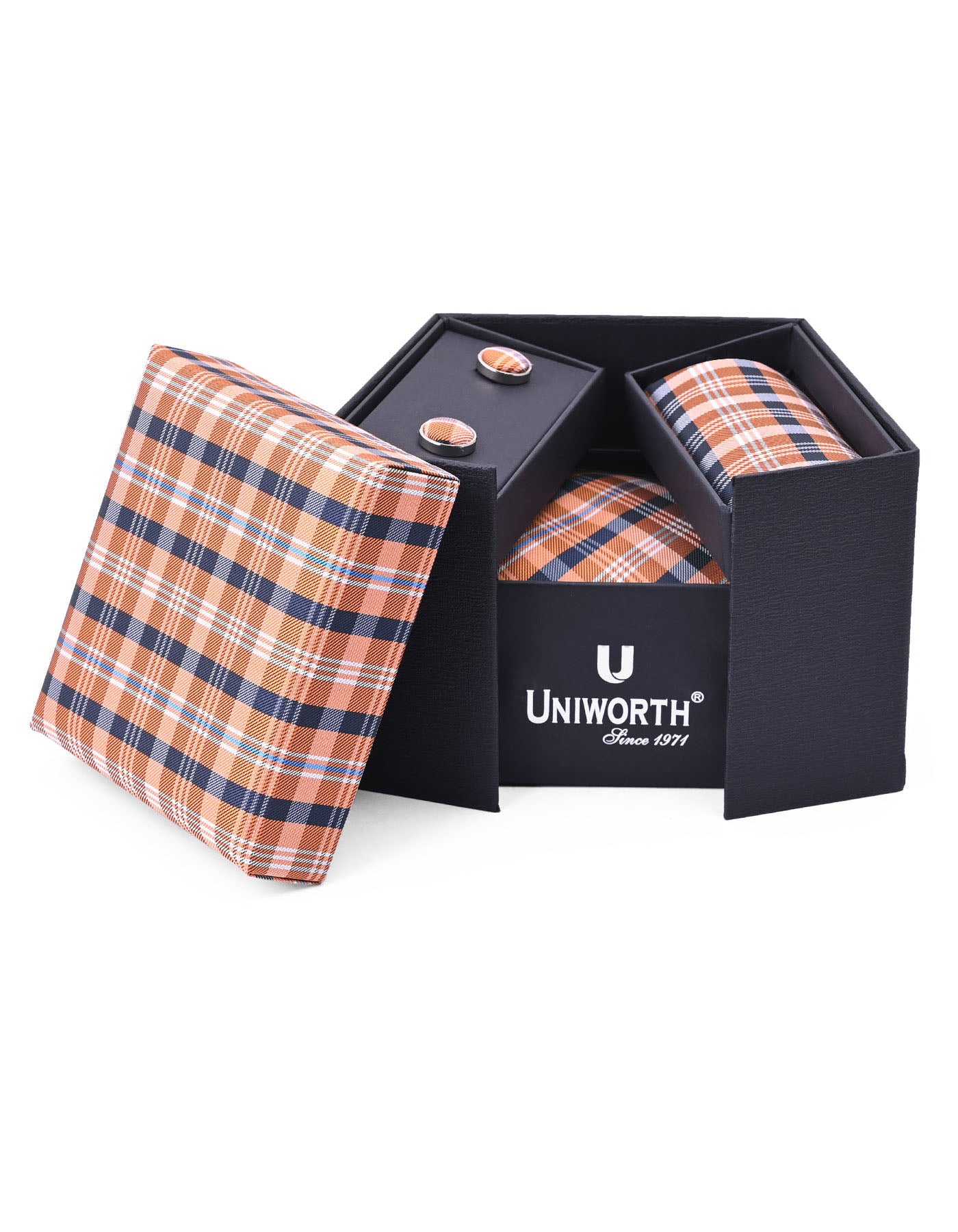 Orange Check Cufflink Tie Set