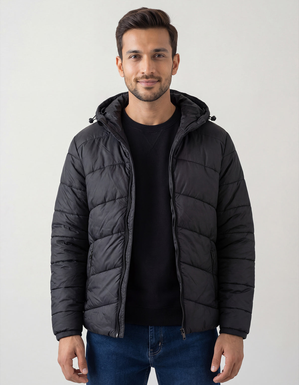 Black Plain Hooded Puffer Jacket