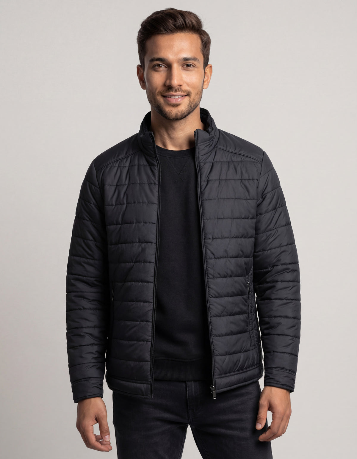 Black Plain Mock Neck Puffer Jacket
