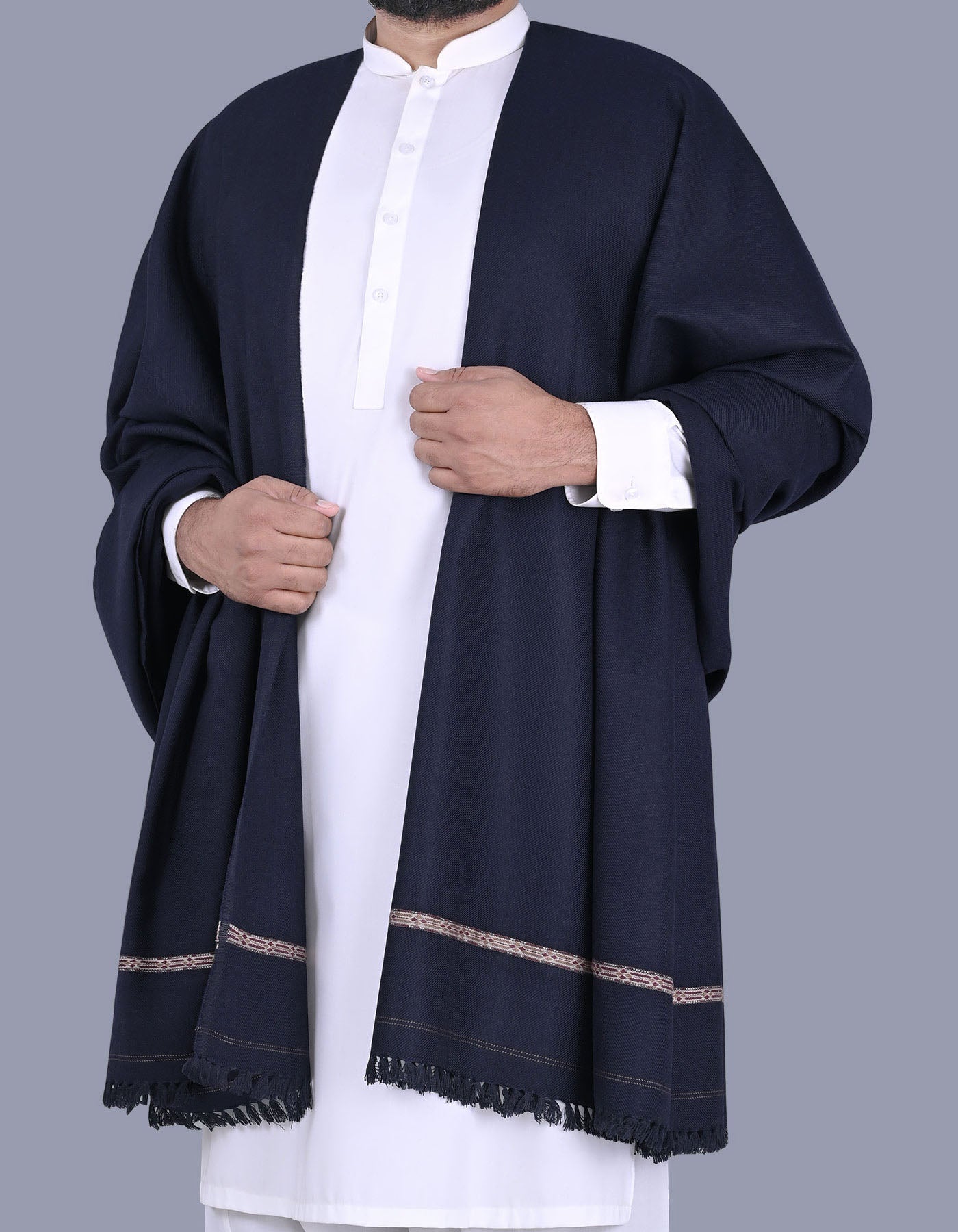 Navy Plain Wool Blend Men Shawl