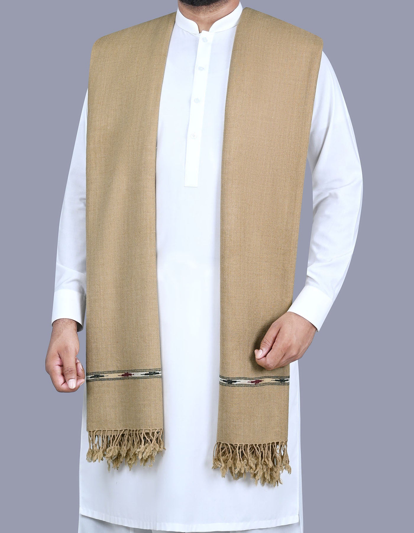 L Khaki Plain Wool Blend Men Shawl