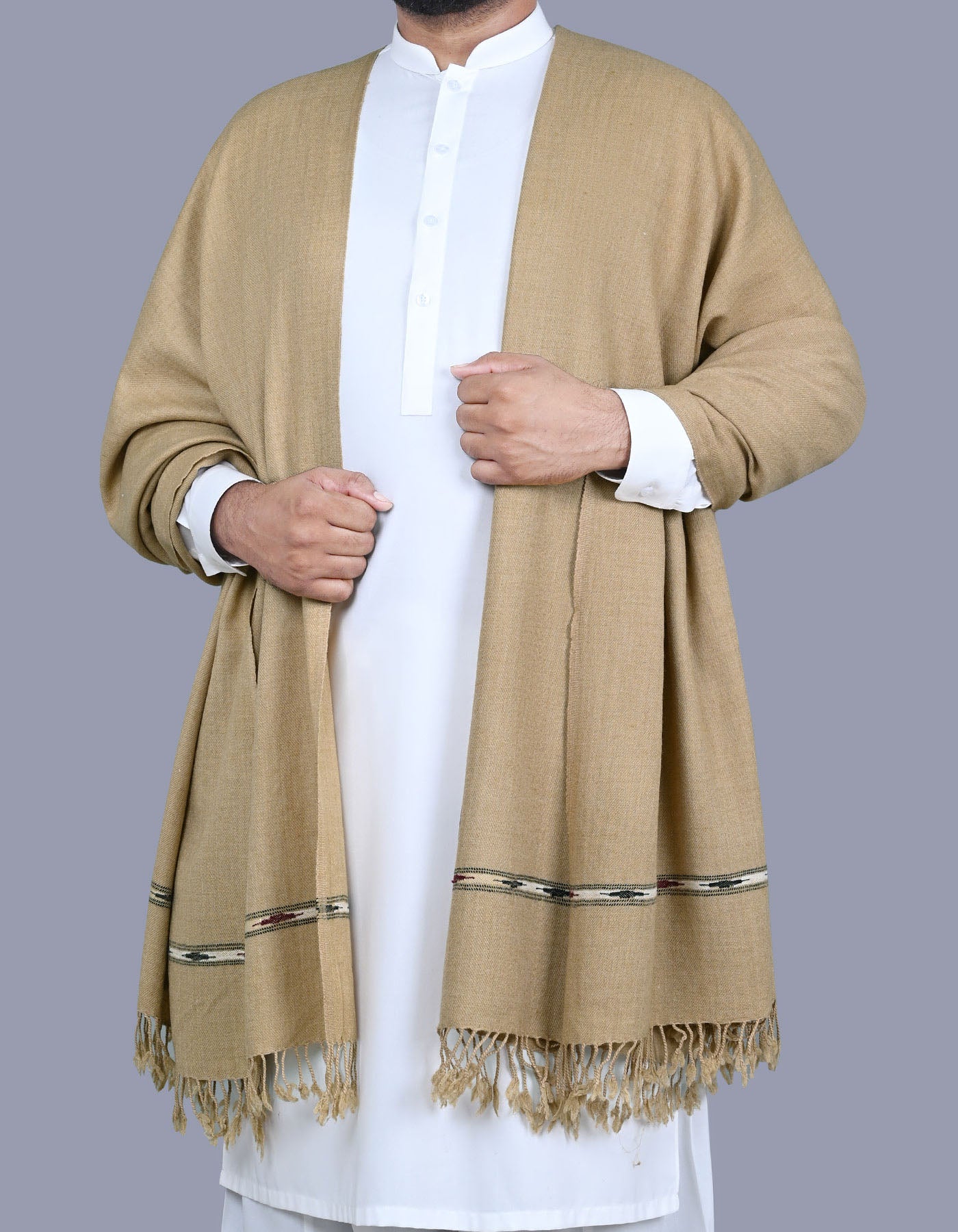 L Khaki Plain Wool Blend Men Shawl