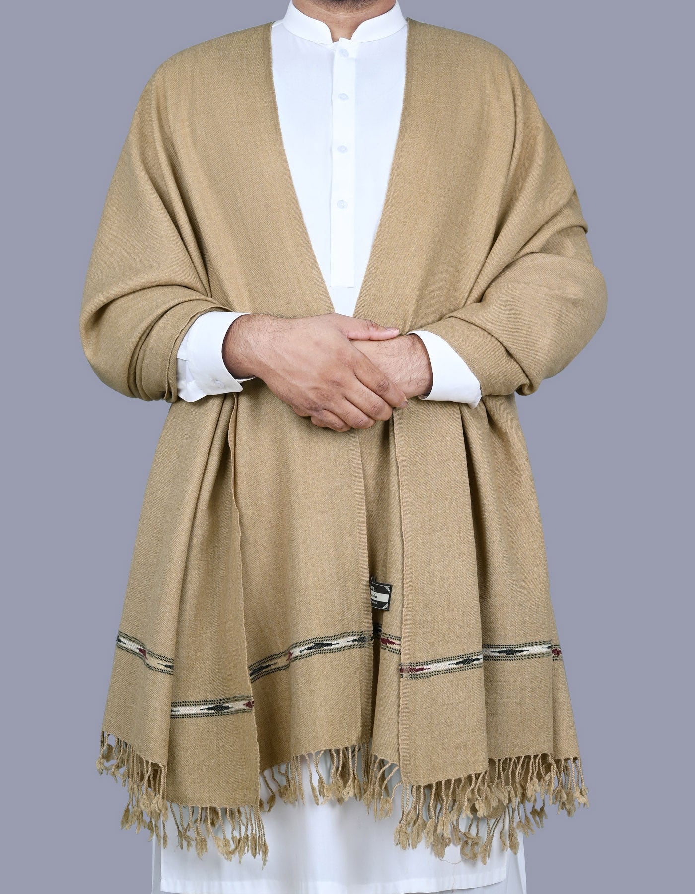 L Khaki Plain Wool Blend Men Shawl