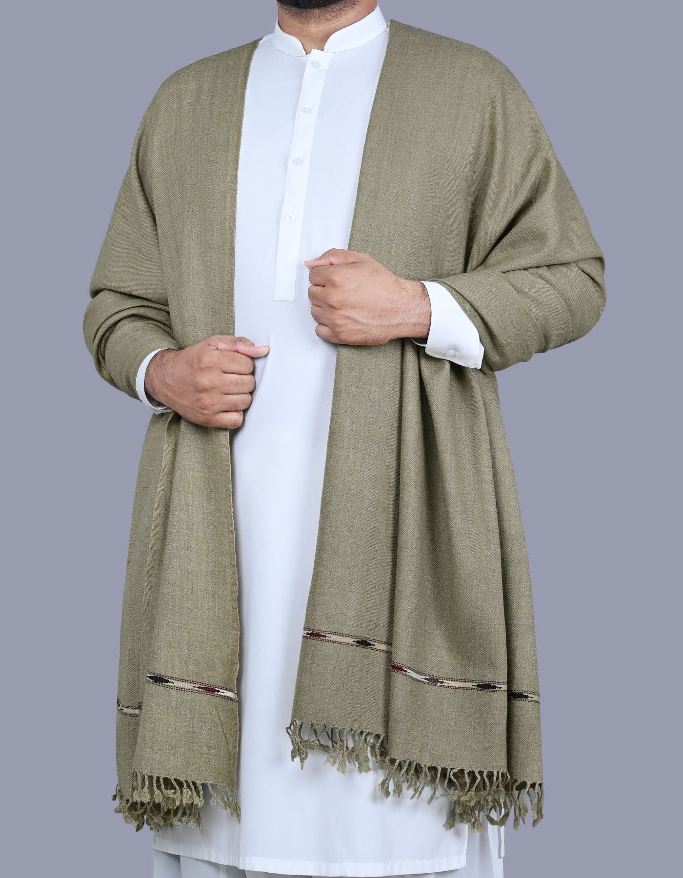 L Olive Plain Wool Blend Men Shawl