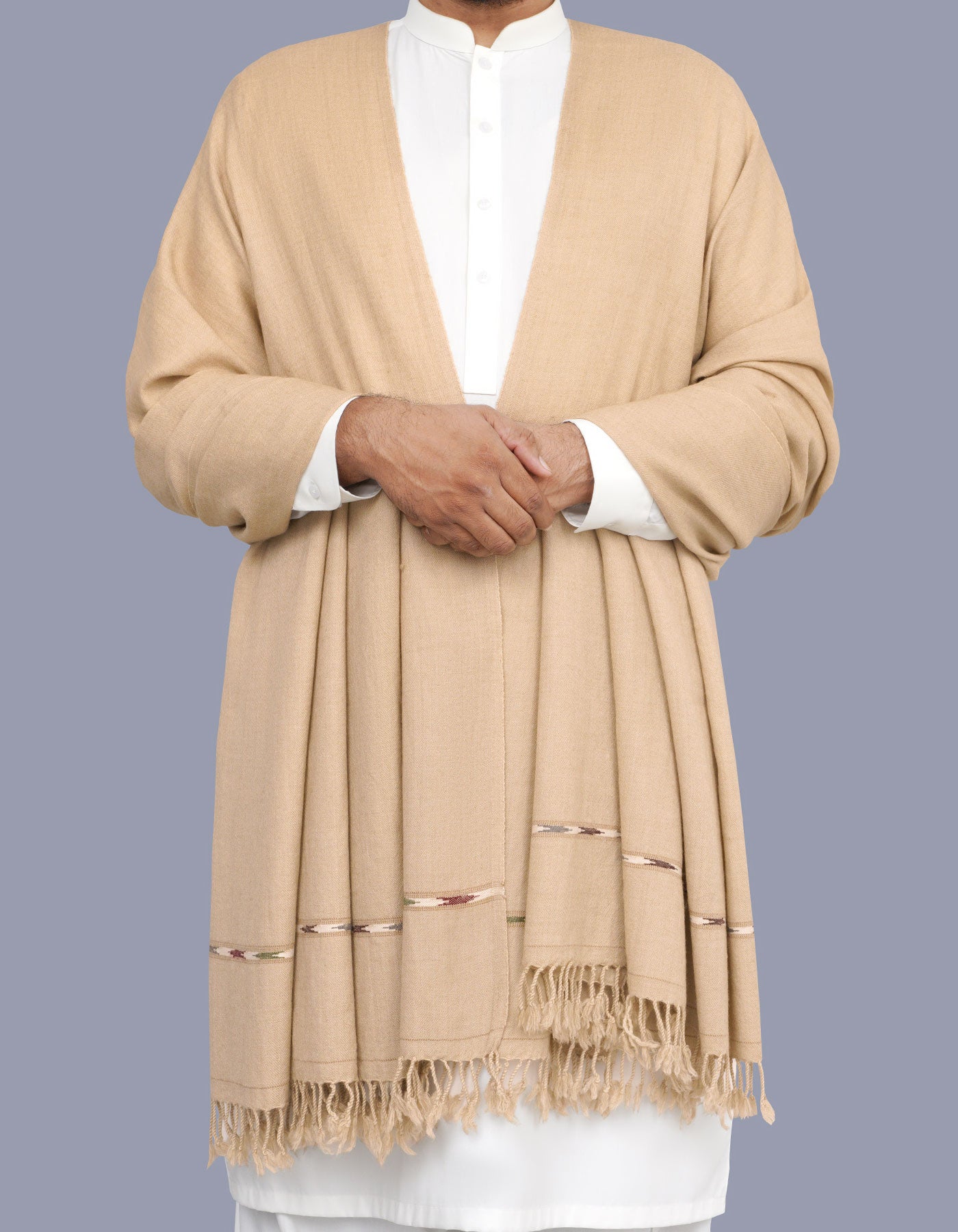 L Beige Plain Wool Blend Men Shawl