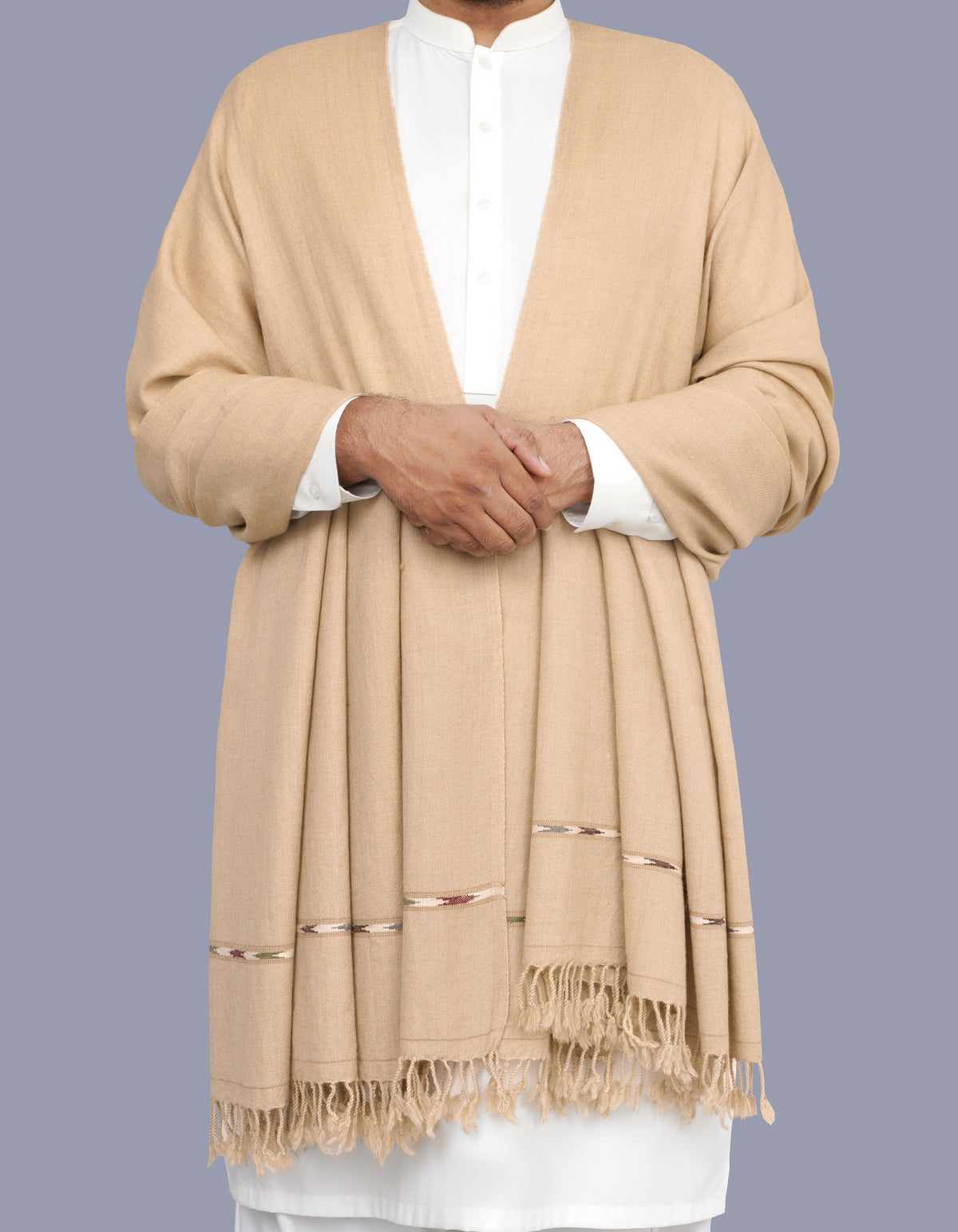 L Beige Plain Wool Blend Men Shawl