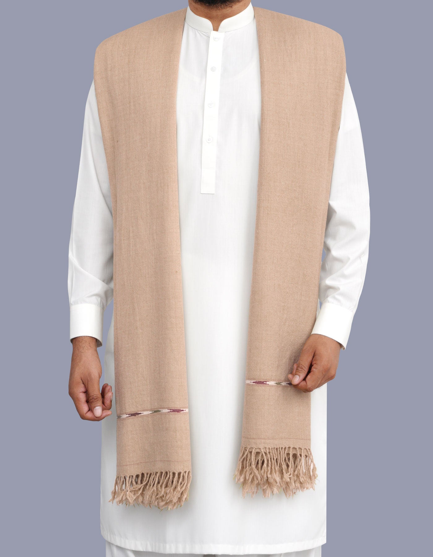 L Beige Plain Wool Blend Men Shawl