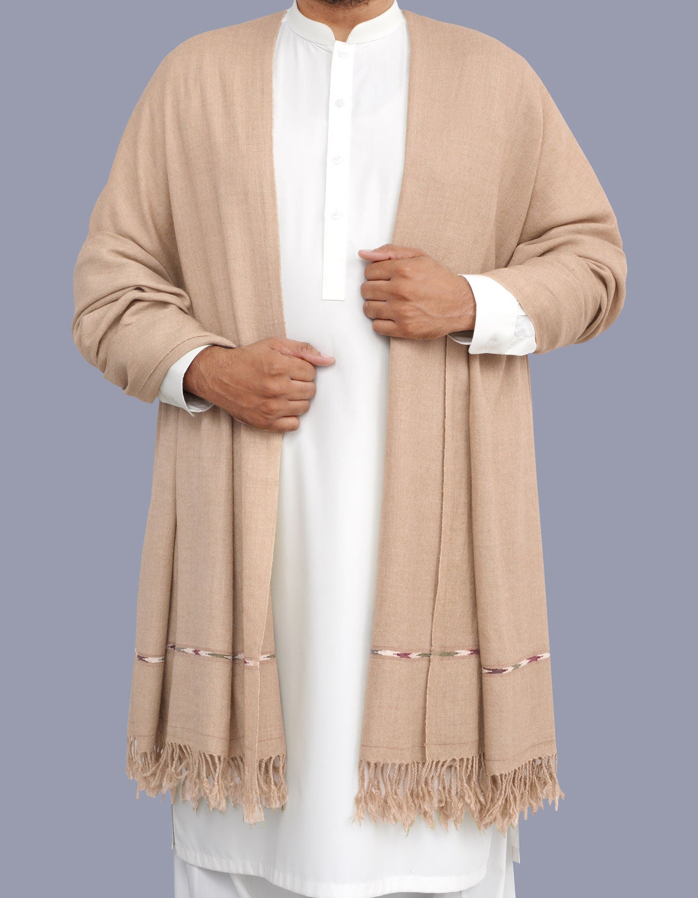L Beige Plain Wool Blend Men Shawl