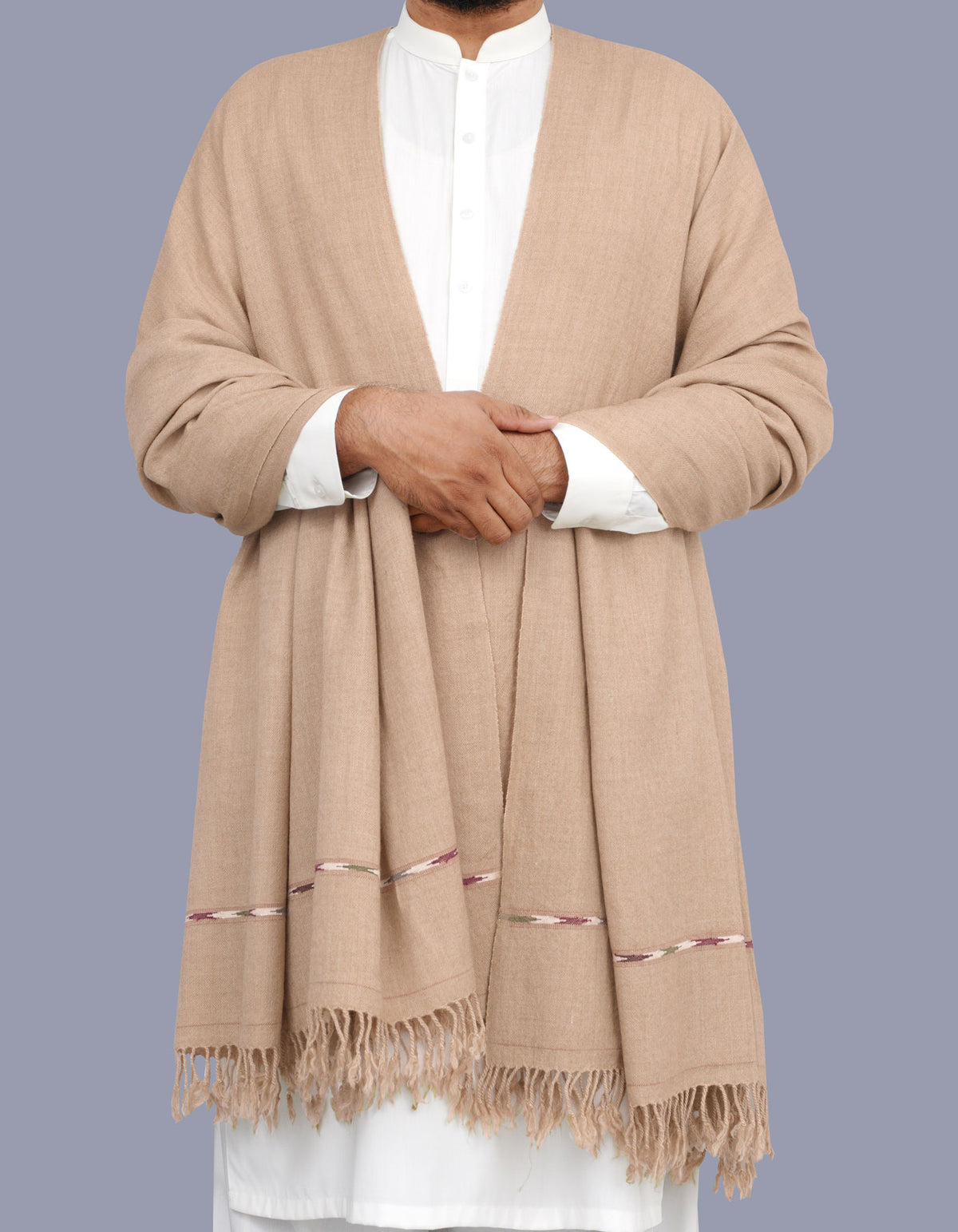 L Beige Plain Wool Blend Men Shawl