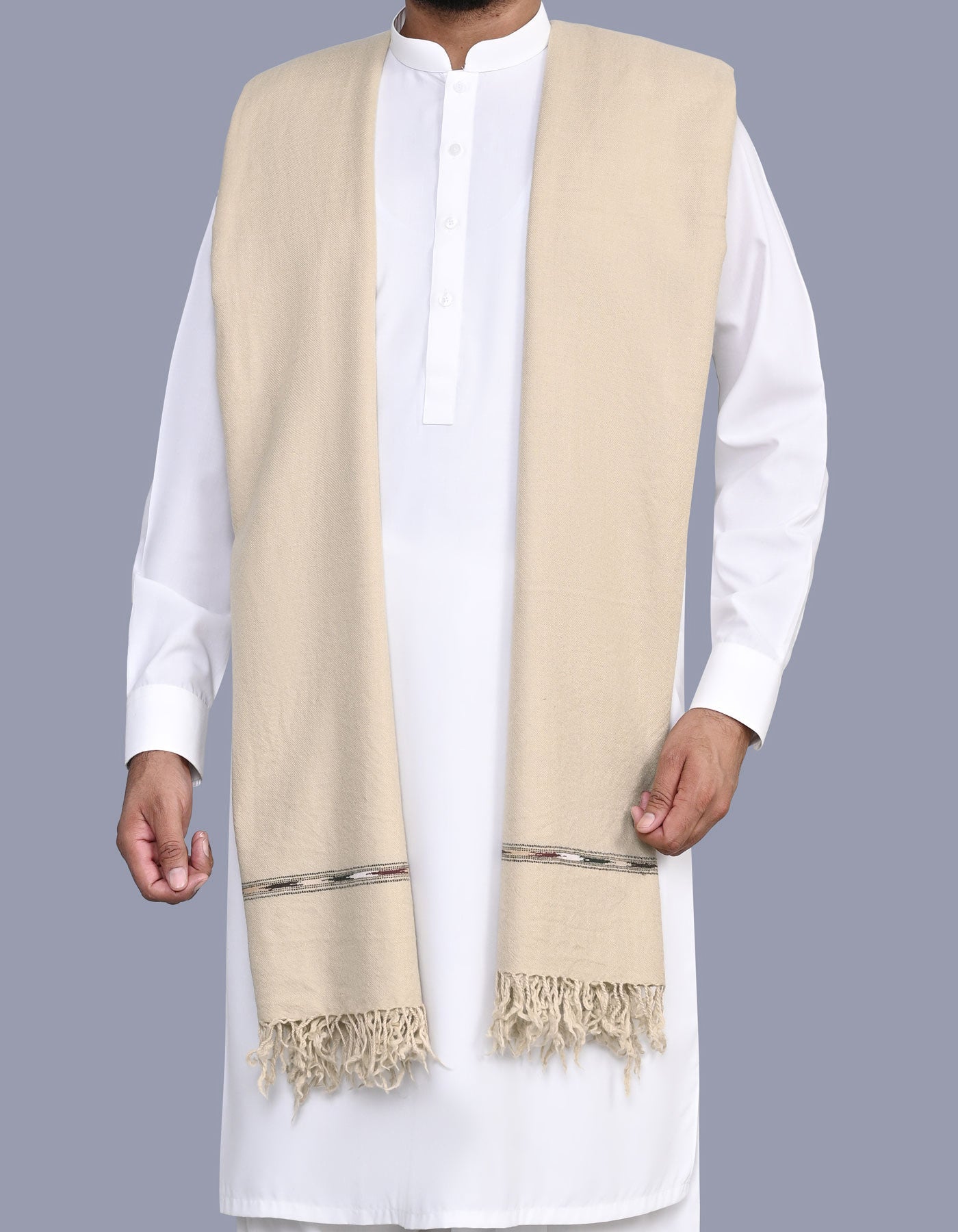 Beige Plain 100% Wool Men Shawl