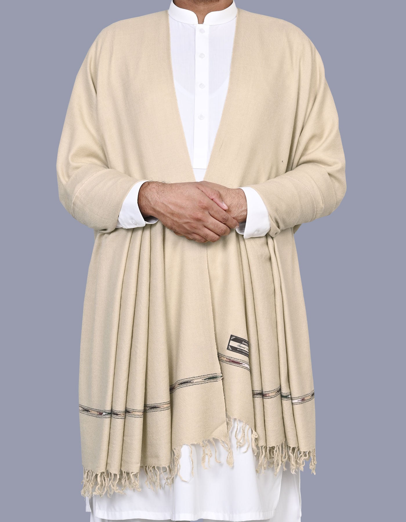 Beige Plain 100% Wool Men Shawl