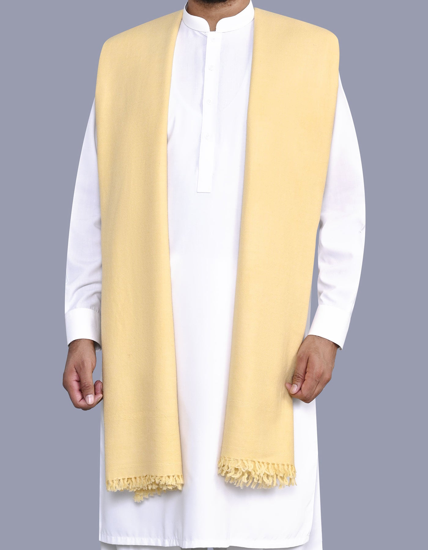 L Yellow Plain Cotton Blend Men Shawl