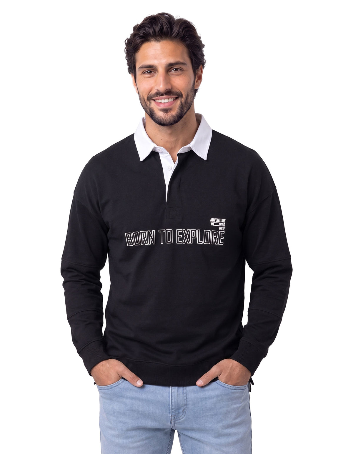 Black Graphic Relaxed Rugby Polo