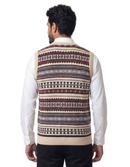 Beige Geometric V-Neck Sleeveless Sweater