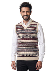 Beige Geometric V-Neck Sleeveless Sweater