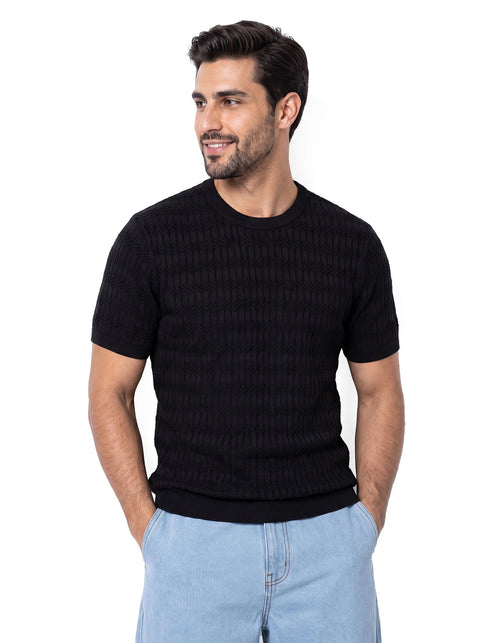 Black Geometric Jacquard Knitted T-Shirt