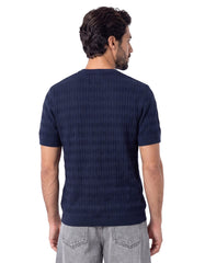 Navy Geometric Jacquard Knitted T-Shirt