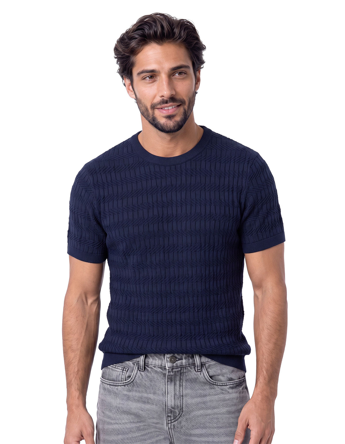 Navy Geometric Jacquard Knitted T-Shirt