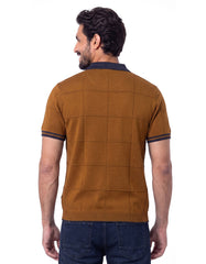 Brown Geometric Needle Drop Knitted Polo Shirt