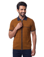 Brown Geometric Needle Drop Knitted Polo Shirt
