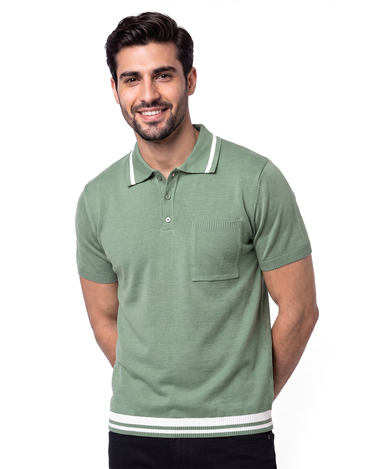 Olive Plain Jersey Knitted Polo Shirt